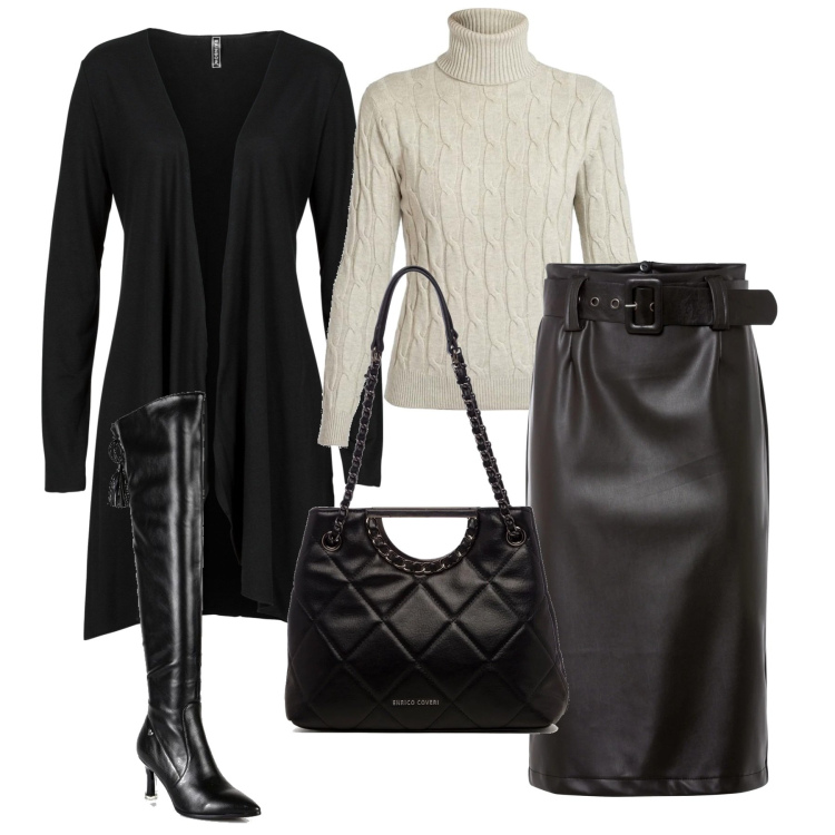 Outfit donna - Total look #1459217. Stile Urban per Tutti i giorni. Abbinamento con cardigans, gonne longuette, maglieria, stivali sopra il ginocchio, borse a mano.