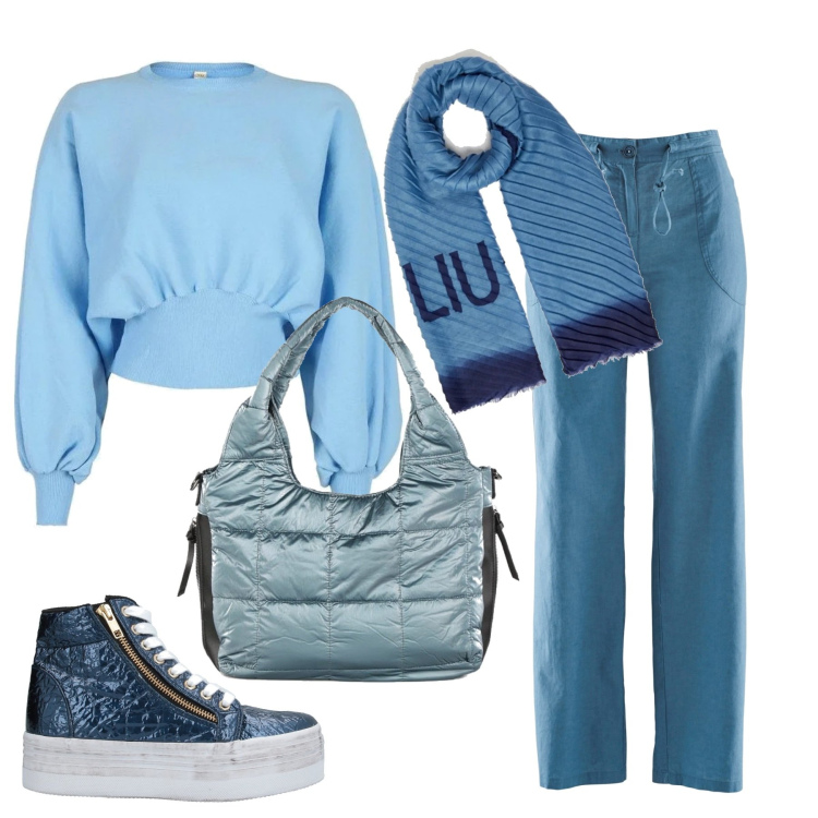 Outfit donna - Total look #1459282. Stile Casual per Scuola/Università. Abbinamento con pantaloni a palazzo, sneakers, pullovers, borse a spalla, stole.