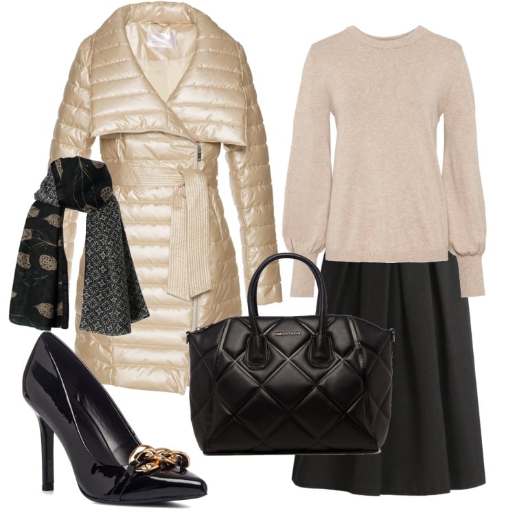 Outfit donna - Bon Ton #8671. Stile Bon Ton per Ufficio. Abbinamento con maglieria, giacche, gonne lunghe, borse a mano, décolleté, sciarpe.