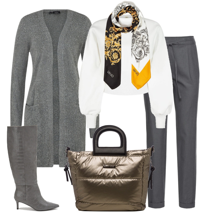 Outfit donna - Total look #1459300. Stile Casual per Scuola/Università. Abbinamento con pantaloni, cardigans, pullovers, foulard, stivali, borse a mano.