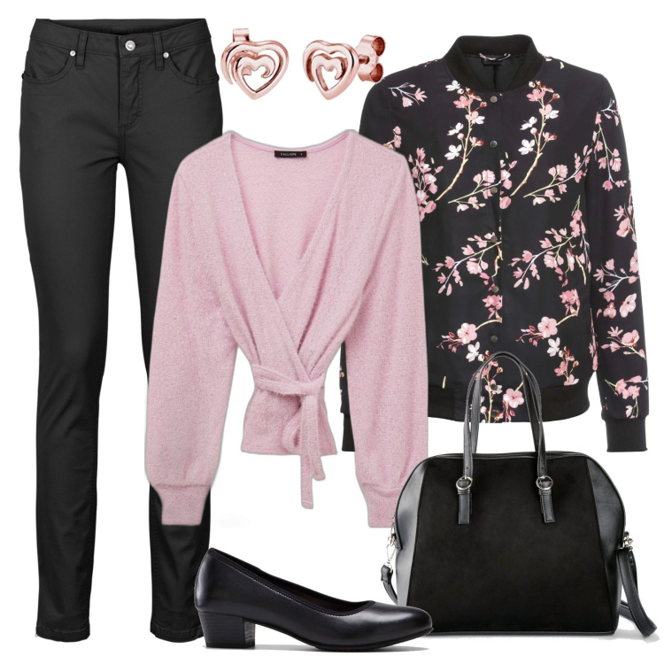 Outfit donna - Il cache-coeur ed il bomber a fiori. Stile Casual chic per Tutti i giorni. Abbinamento con bomber, jeans, décolleté, borse a mano, cardigans, orecchini.