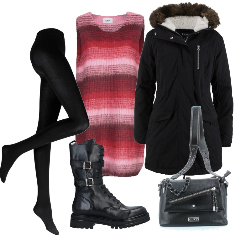 Outfit donna - Outfit per un tè caldo. Stile Rock per Tutti i giorni. Abbinamento con collant, parka, vestiti corti, stivaletti, borse a mano.