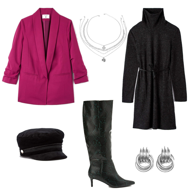 Outfit donna - Il mini-abito nero. Stile Trendy per Serata fuori. Abbinamento con vestiti, giacche, cappelli con visiera, stivali, orecchini, ciondoli.