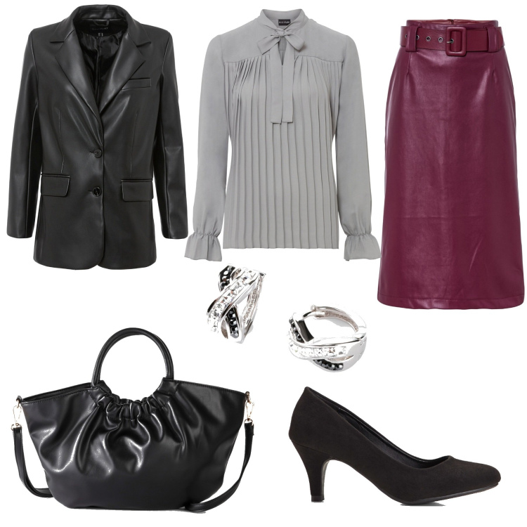 Outfit donna - Ecopelle trendy. Stile Chic per Ufficio. Abbinamento con décolleté, blazer, gonne longuette, bluse, borse a mano, orecchini.