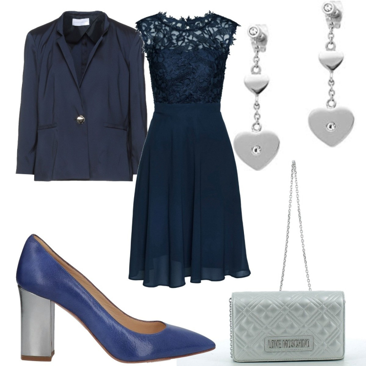 Outfit donna - Blu e argento. Stile Chic per Serata fuori. Abbinamento con vestiti corti, décolleté, blazer, clutch, orecchini.