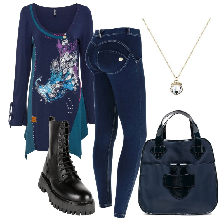 Outfit donna - La maglia vestito. Stile Casual chic per Tutti i giorni. Abbinamento con collant, anfibi, pantaloni skinny, borse tote, ciondoli.