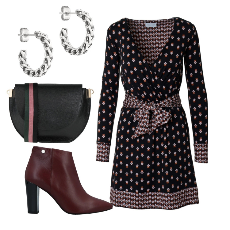 Outfit donna - Jacquard in maglina. Stile Bon Ton per Ufficio. Abbinamento con stivaletti, borse a tracolla, vestiti, orecchini.