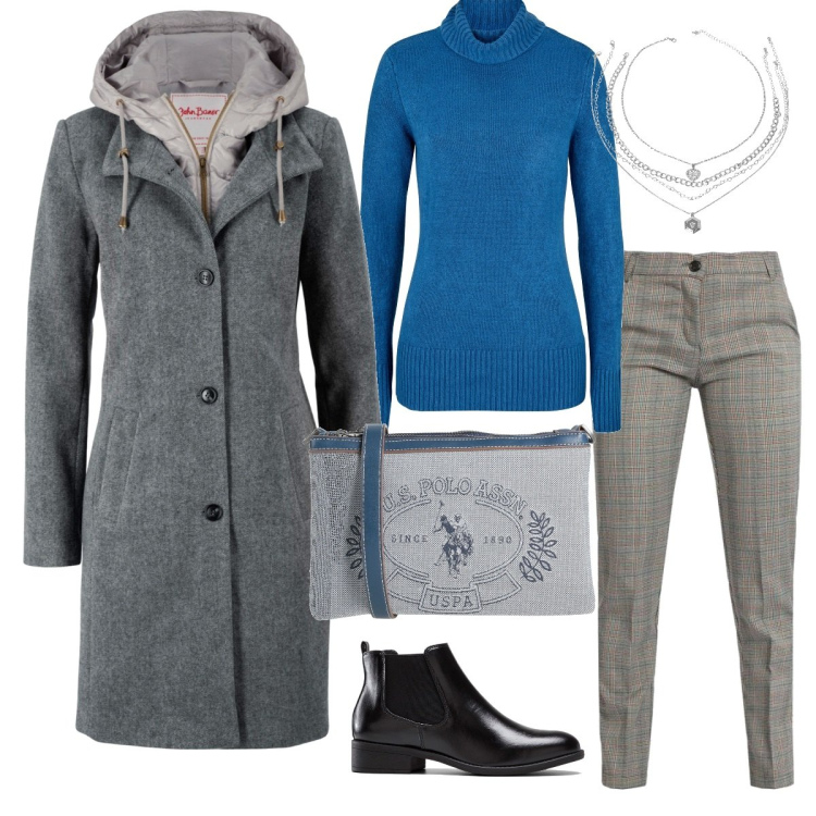 Outfit donna - Tutti i giorni. Stile Casual per Tutti i giorni. Abbinamento con cappotti, maglieria, stivaletti chelsea, borse a tracolla, pantaloni, ciondoli.