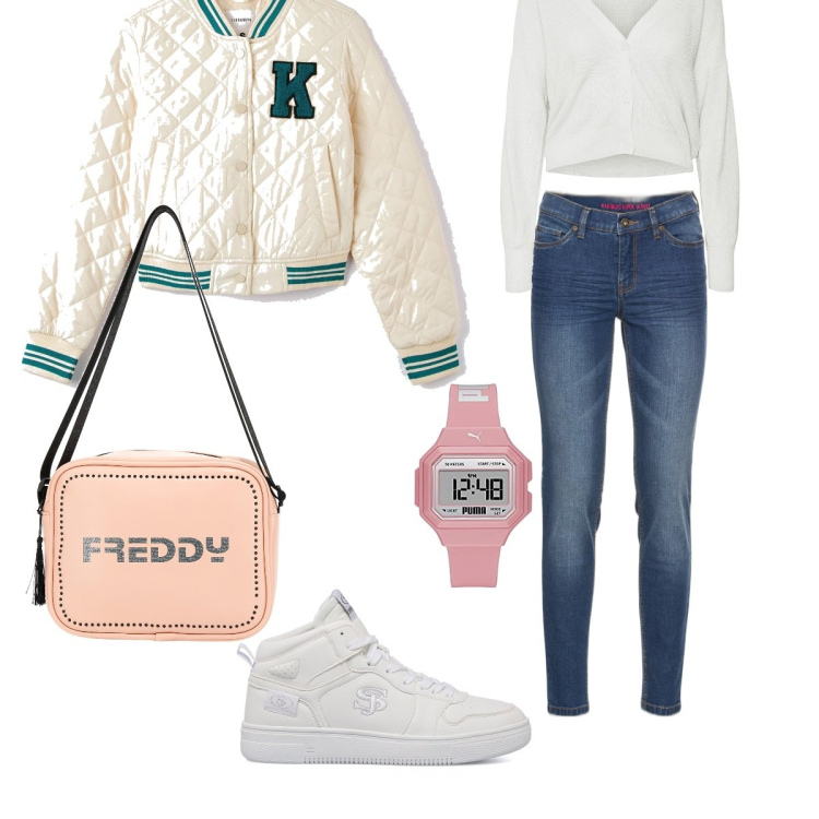 Outfit donna - Total look #1459778. Stile Urban per Tutti i giorni. Abbinamento con jeans skinny, bomber, zaini, cardigans, sneakers alte, orologi digitali.