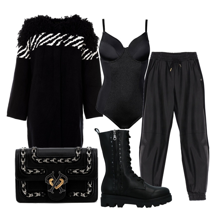 Outfit donna - Totalmente in nero. Stile Urban per Tutti i giorni. Abbinamento con body, stivaletti, pantaloni, cappotti, borse a tracolla.