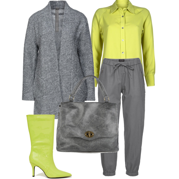Outfit donna - Non il solito grigio. Stile Casual chic per Ufficio. Abbinamento con pantaloni, cappotti, borse a mano, camicie, stivali.