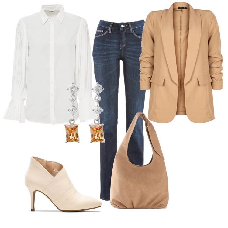 Outfit donna - Ricercata in ufficio. Stile Casual chic per Ufficio. Abbinamento con jeans dritti, camicie, borse a tracolla, stivaletti, blazer, orecchini.