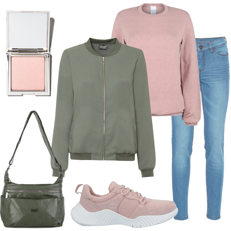 Outfit donna - Bomber. Stile Urban per Tutti i giorni. Abbinamento con jeans skinny, bomber, sneakers, maglieria, borse a tracolla, ciprie.