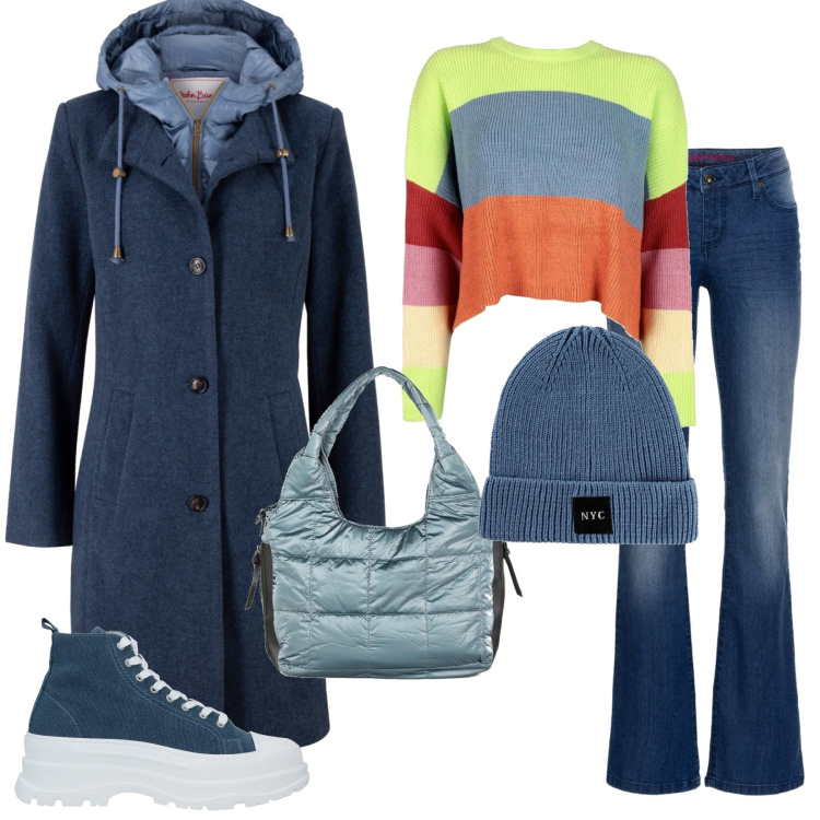 Outfit donna - Total look #1459958. Stile Casual per Scuola/Università. Abbinamento con cappotti, jeans bootcut, berretti, sneakers, pullovers, borse a spalla.