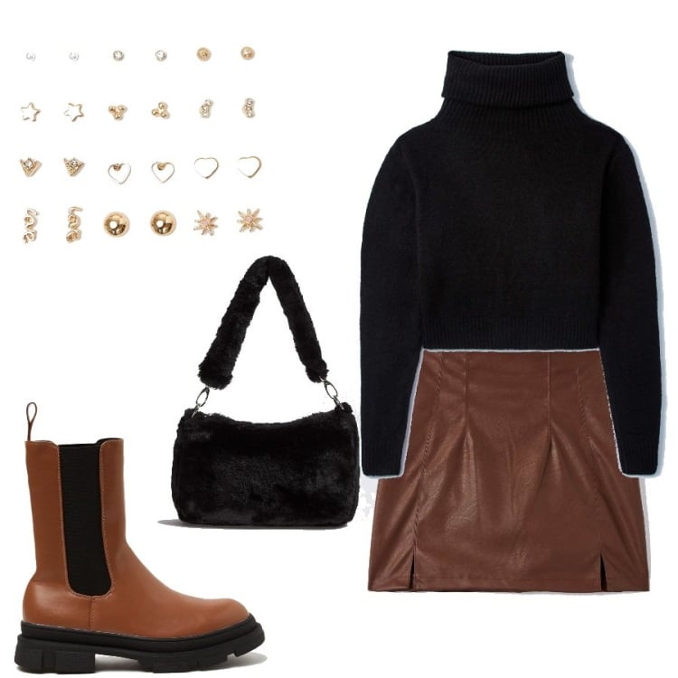 Outfit donna - Focus terranova. Stile Casual per Tutti i giorni. Abbinamento con gonne, maglieria, borse a spalla, stivali, orecchini.