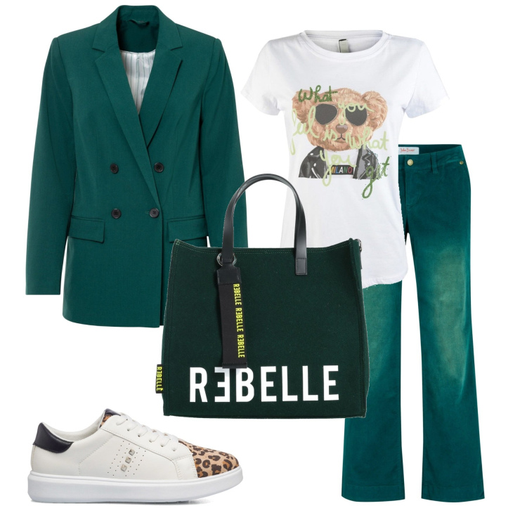 Outfit donna - Total look #1460118. Stile Casual per Scuola/Università. Abbinamento con pantaloni, blazer, borse a mano, t-shirt, sneakers.