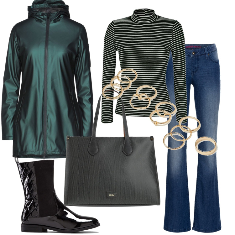 Outfit donna - Total look #1460124. Stile Casual per Tutti i giorni. Abbinamento con jeans bootcut, stivaletti, giacche, borse a mano, t-shirt, anelli.