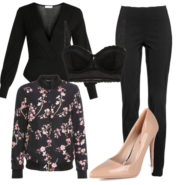 Outfit donna - Glamour #11813. Stile Glamour per Serata fuori. Abbinamento con pantaloni, bomber, reggiseni a balconcino, body, décolleté.