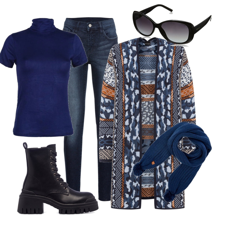 Outfit donna - Total look #1460245. Abbinamento con jeans strappati, cardigans, t-shirt, anfibi, sciarpe, occhiali da sole.