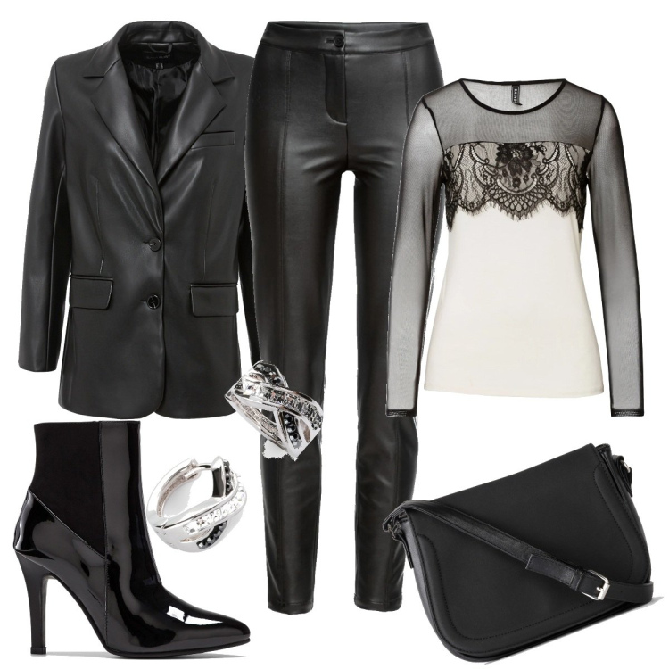 Outfit donna - Pelle e pizzo. Stile Casual chic per Serata fuori. Abbinamento con maglieria, pantaloni, blazer, body, stivaletti, orecchini.