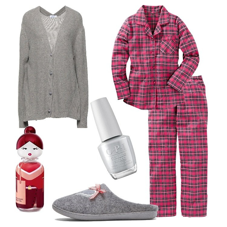 Outfit donna - Un caldo pigiama in flanella. Stile Casual per Tutti i giorni. Abbinamento con pigiama, pantofole, cardigans, profumi, smalti.