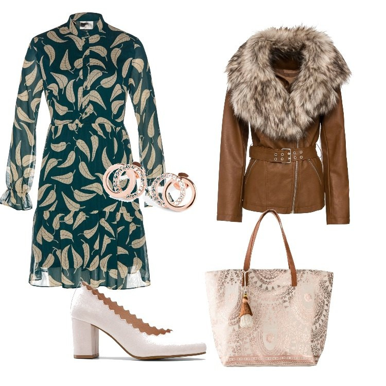 Outfit donna - Abito verde finito in rosa. Stile Casual chic per Tutti i giorni. Abbinamento con giacche, vestiti, orecchini, shopping bag, décolleté.