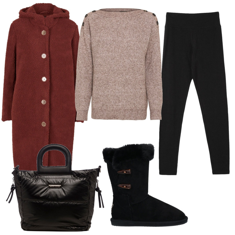 Outfit donna - Al caldo e comoda. Stile Basic per Tutti i giorni. Abbinamento con stivaletti, maglieria, ecopellicce, leggings, borse a mano.