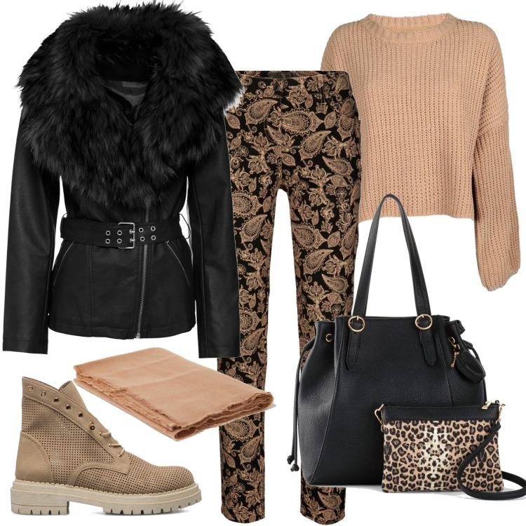 Outfit donna - Un week end fuori porta. Stile Casual chic per Tutti i giorni. Abbinamento con pantaloni, giacche, shopping bag, maglieria, sciarpe, stivaletti.