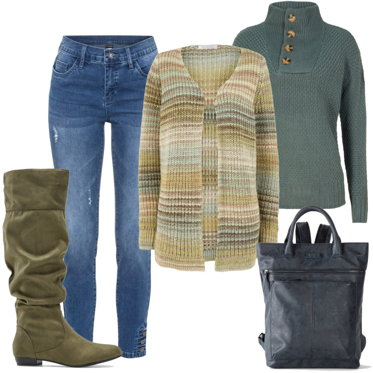 Outfit donna - Total look #1460551. Stile Casual per Tutti i giorni. Abbinamento con maglieria, cardigans, stivali, jeans skinny, zaini.