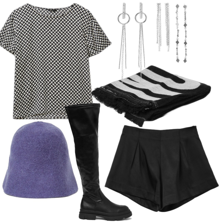 Outfit donna - Casual chic #24598. Stile Casual chic per Serata fuori. Abbinamento con stivali, bluse, bermuda, cappe, orecchini, cappelli con visiera.