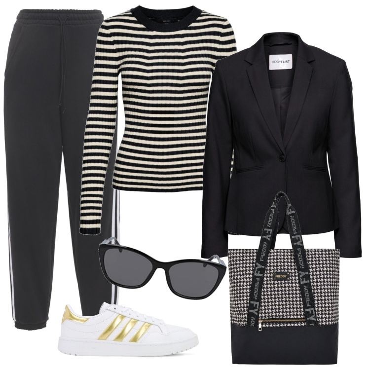 Outfit donna - Colazione. Stile Casual per Tutti i giorni. Abbinamento con blazer, borse tote, pullovers, pantaloni, sneakers, occhiali da sole.