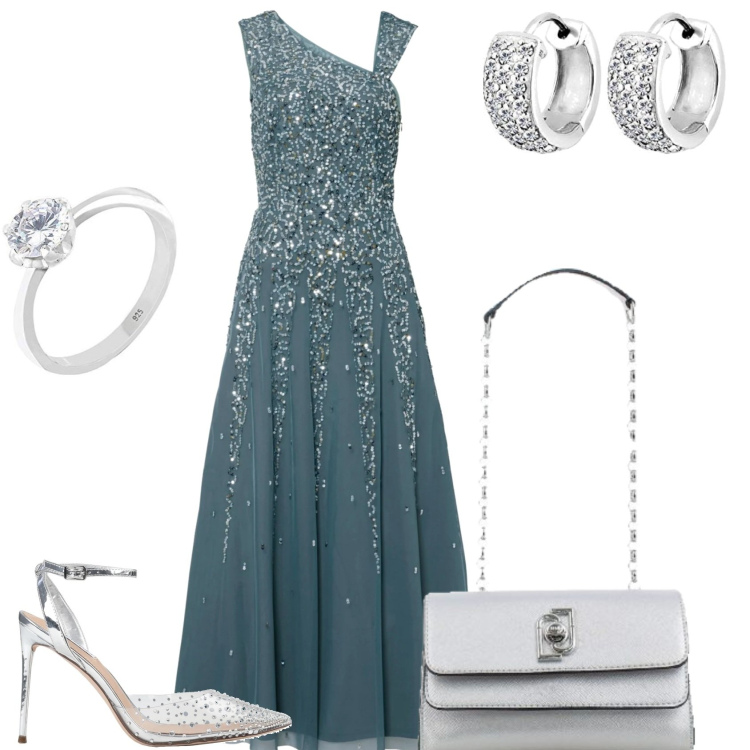 Outfit donna - Serata da principessa. Stile Chic per Serata fuori. Abbinamento con vestiti lunghi, décolleté, clutch, anelli, orecchini.
