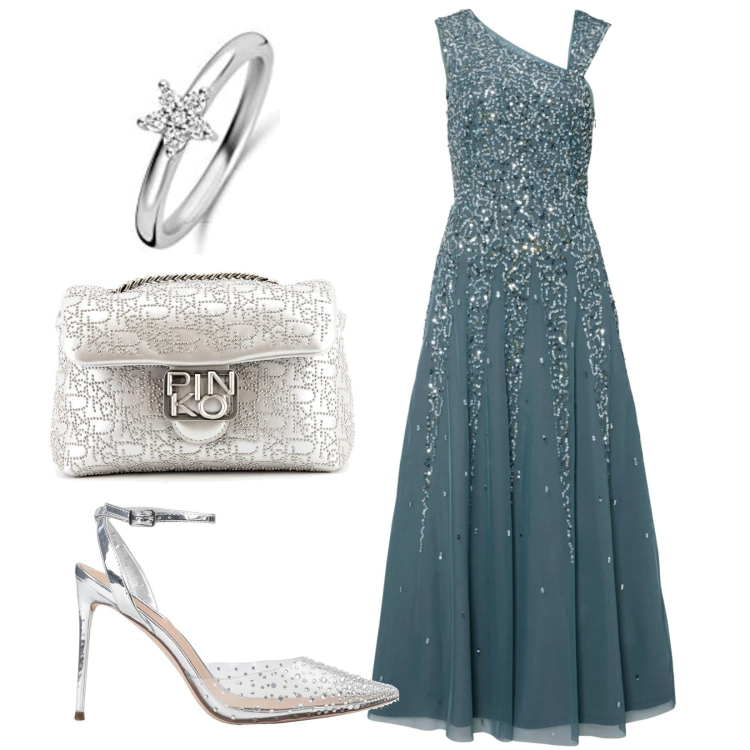 Outfit donna - Un vestito per brillare. Stile Chic per Cerimonia. Abbinamento con vestiti lunghi, décolleté, borse a tracolla, anelli.