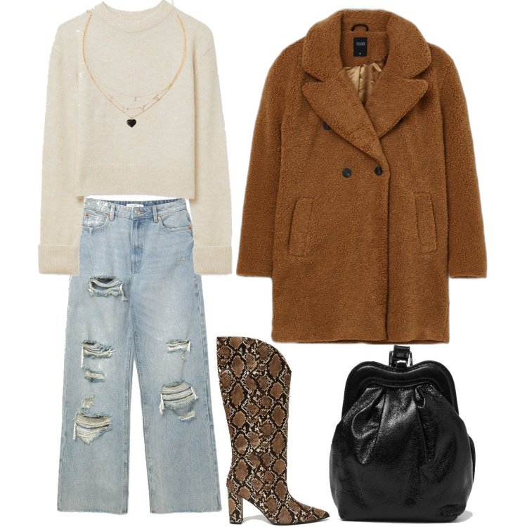 Outfit donna - Calliope mead season. Stile Casual chic per Tutti i giorni. Abbinamento con jeans strappati, maglieria, pochette, cappotti, ciondoli, stivali.