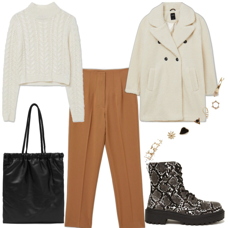 Outfit donna - Calliope mead season 2. Stile Casual per Tutti i giorni. Abbinamento con cappotti, pantaloni, orecchini, maglieria, anfibi, shopping bag.