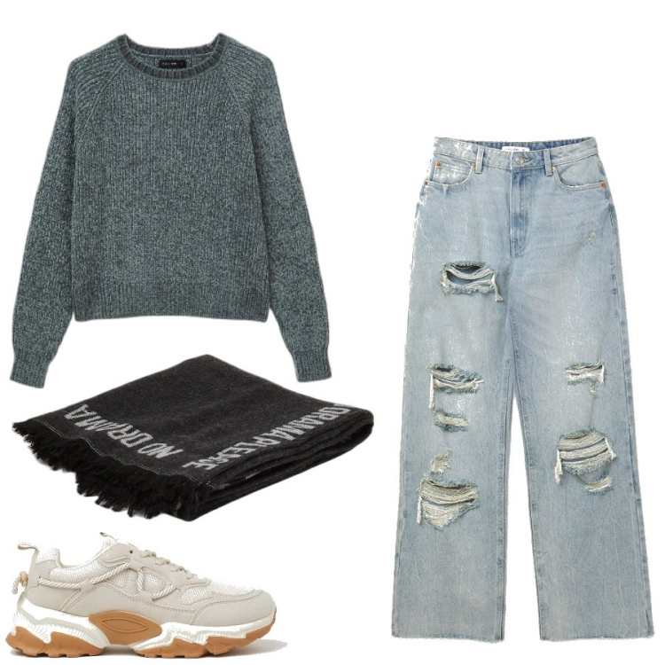 Outfit donna - Calliope. Stile Basic per Tutti i giorni. Abbinamento con sneakers, jeans strappati, maglieria, cappe.