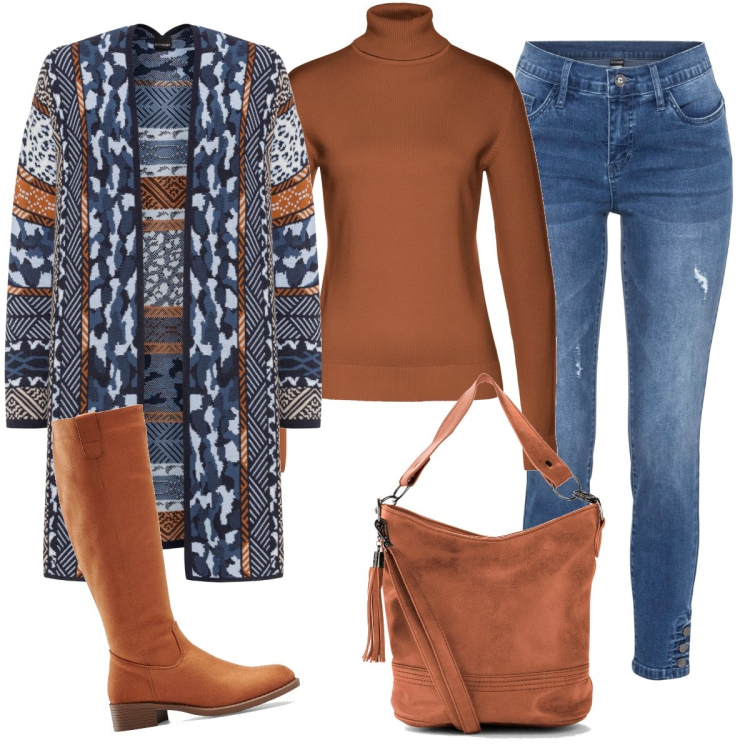 Outfit donna - BonPrix time. Stile Urban per Tutti i giorni. Abbinamento con maglieria, stivali, cardigans, jeans skinny, borse a tracolla.