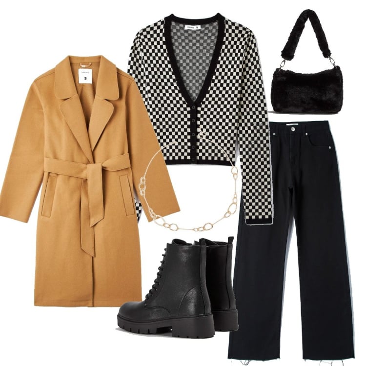 Outfit donna - Cappotto. Stile Basic per Tutti i giorni. Abbinamento con cappotti, cardigans, pantaloni, anfibi, borse a spalla, collane.