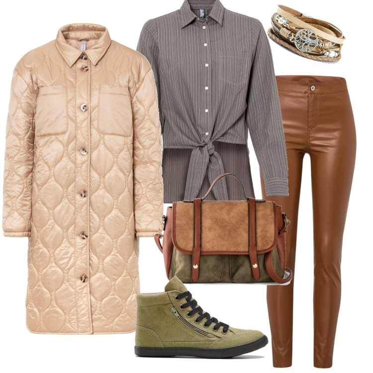 Outfit donna - Toni neutri. Stile Basic per Tutti i giorni. Abbinamento con braccialetti, sneakers, pantaloni, camicie, borse a mano, giacche.