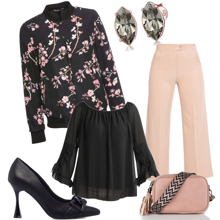 Outfit donna - Bomber chic. Stile Chic per Serata fuori. Abbinamento con bomber, borse a mano, pantaloni culotte, bluse, décolleté, orecchini.
