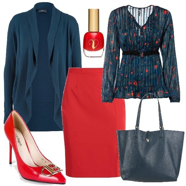 Outfit donna - Un graffiante tono di rosso. Stile Trendy per Ufficio. Abbinamento con cardigans, camicie, borse a mano, gonne lunghe, décolleté, smalti.