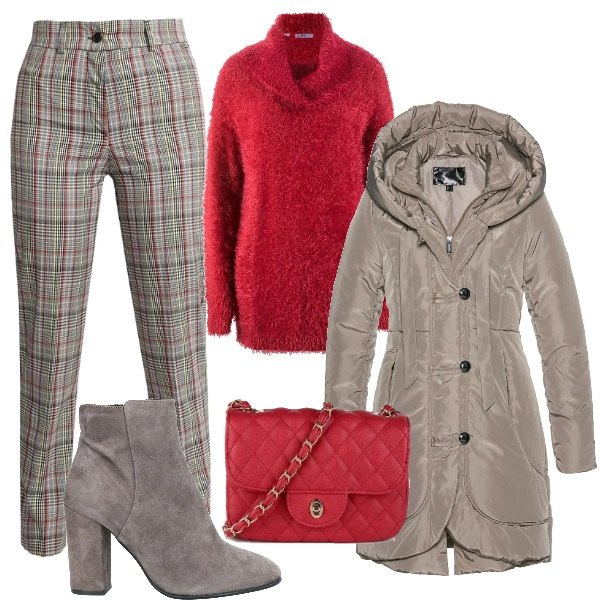 Outfit donna - Inverno caldo in greige e rosso. Stile Trendy per Tutti i giorni. Abbinamento con blazer, maglieria, stivaletti, pantaloni, borse a mano.