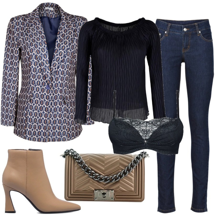 Outfit donna - Blazer donna con stampe. Stile Trendy per Ufficio. Abbinamento con reggiseni push-up, jeans skinny, camicie, blazer, borse a tracolla, stivaletti.