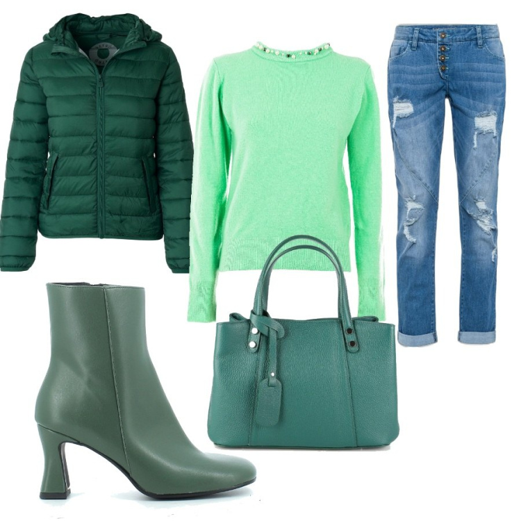 Outfit donna - Verde. Stile Casual per Tutti i giorni. Abbinamento con jeans boyfriend, borse a mano, maglieria, stivaletti, giacche.