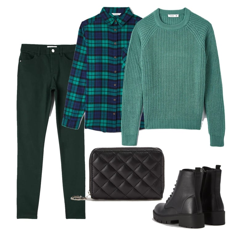 Outfit donna - Quadri nella camicia. Stile Casual per Tutti i giorni. Abbinamento con maglieria, camicie, pantaloni skinny, anfibi, portafogli.