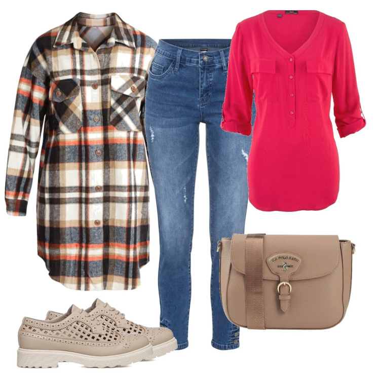 Outfit donna - Jeans e maxi camicia. Stile Basic per Tutti i giorni. look ideale per Tall. Abbinamento con bluse, jeans skinny, borse a tracolla, camicie, scarpe stringate.