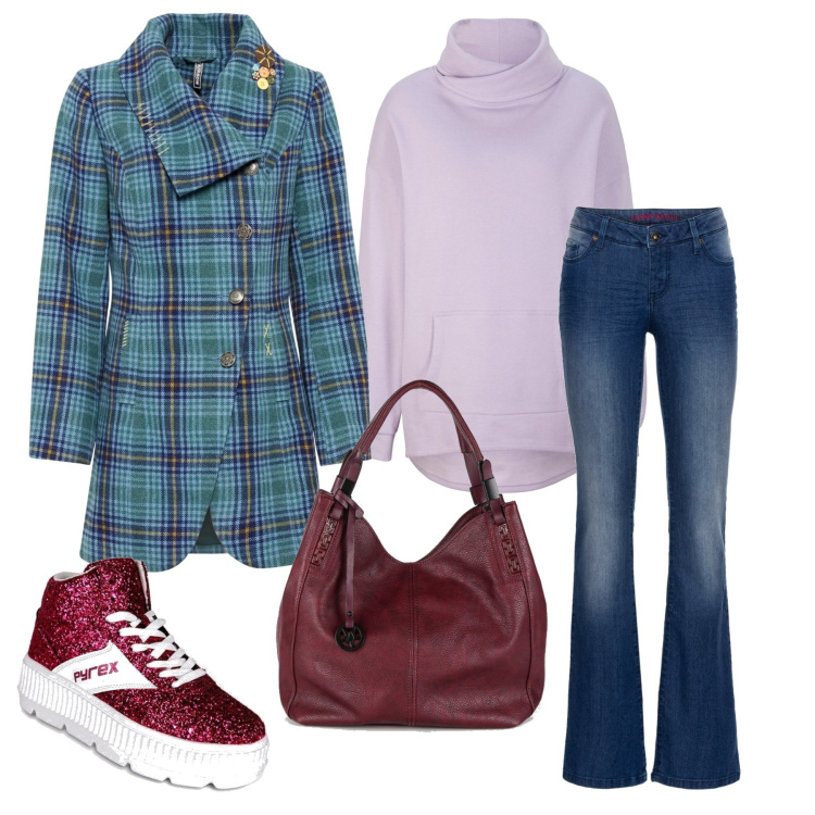 Outfit donna - Total look #1460992. Stile Casual per Scuola/Università. Abbinamento con jeans bootcut, felpe, cappotti, sneakers alte, borse a spalla.