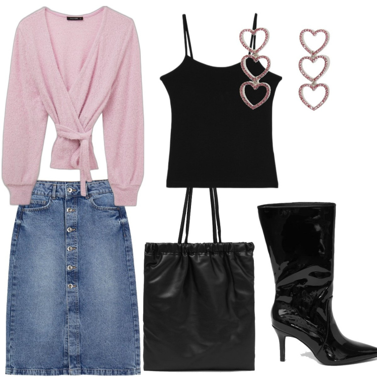 Outfit donna - Intramontabile gonna jeans. Stile Casual chic per Tutti i giorni. Abbinamento con gonne longuette, cardigans, shopping bag, canottiere, stivali, orecchini.