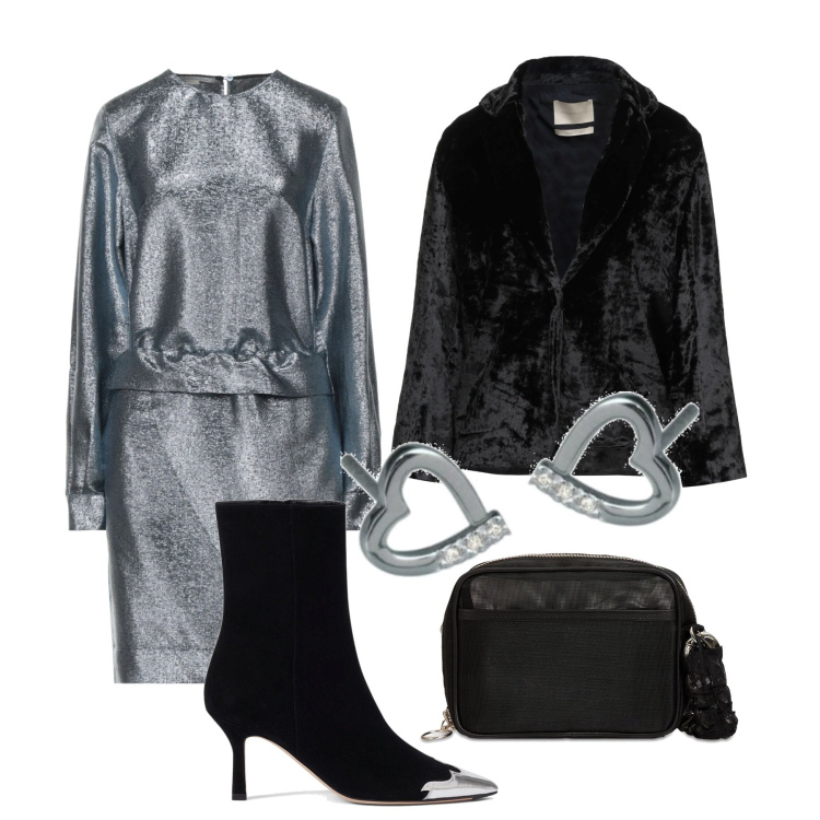 Outfit donna - Silver. Stile Chic per Serata fuori. Abbinamento con vestiti midi/longuette, blazer, orecchini, stivaletti, borse a spalla.