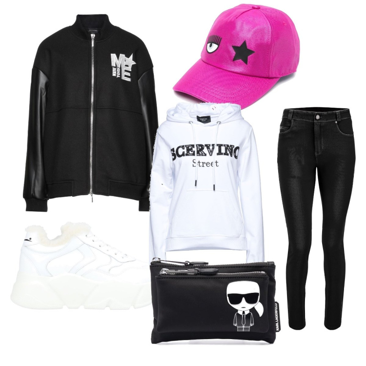 Outfit donna - Sporty chic #4104. Stile Sporty chic per Tutti i giorni. Abbinamento con cappelli con visiera, clutch, jeans, felpe con cappuccio, giacche, sneakers.